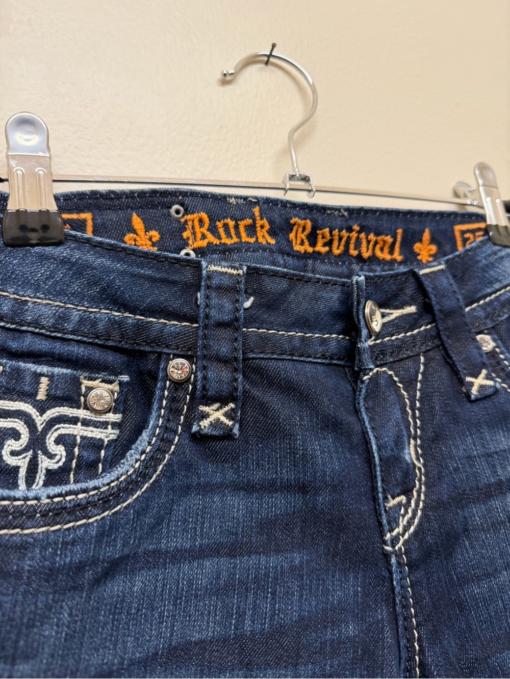 Rock Revival Navy Jeans with Orange Logo Embroidery